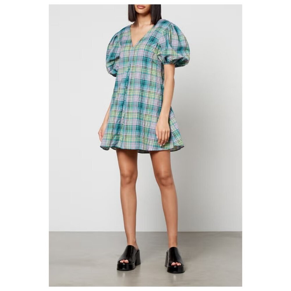 Ganni Green Blue Plaid Puff-Sleeve Mini Dress